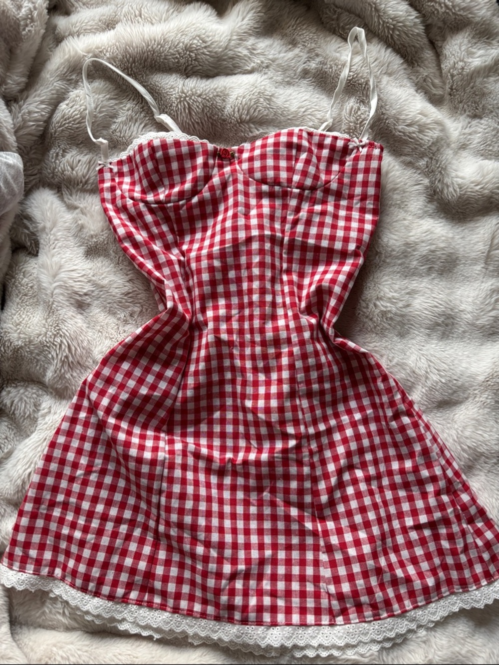 Red and White Mini Dress with Lace Trim